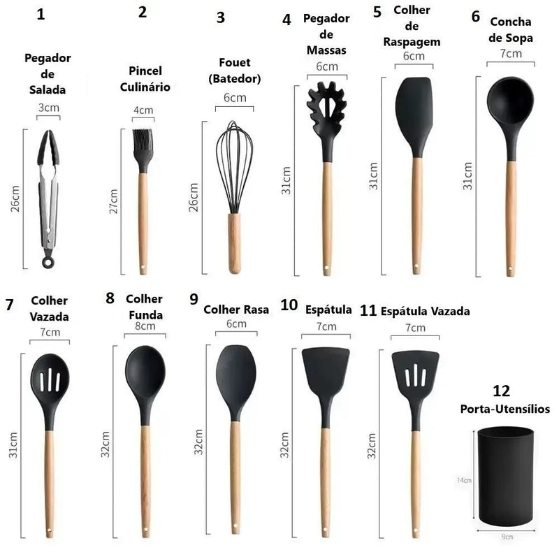 Conjunto de cozinha kit c/12 peças silicone ferramentas de cozinha, cabo de madeira